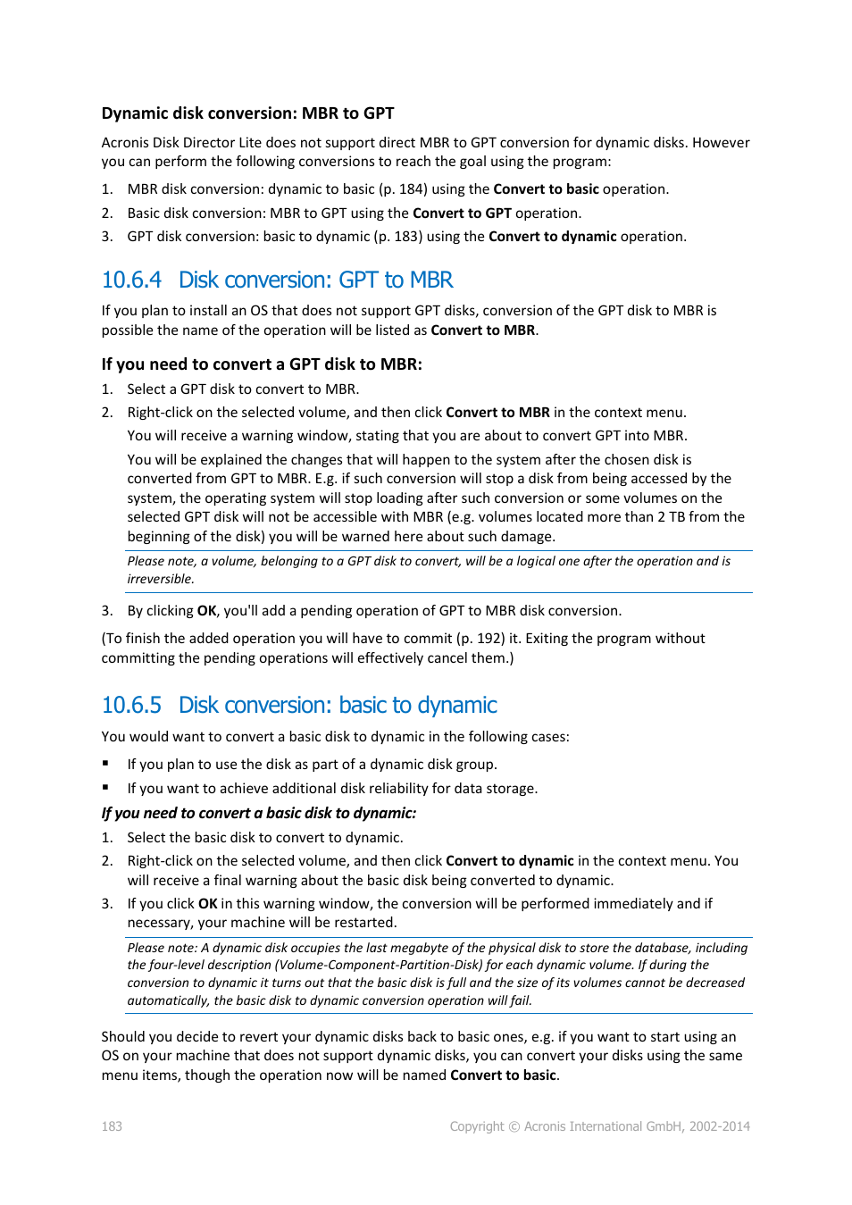 4 disk conversion: gpt to mbr, 5 disk conversion: basic to dynamic, P. 183) | Acronis Backup for Windows Server - User Guide User Manual | Page 183 / 269