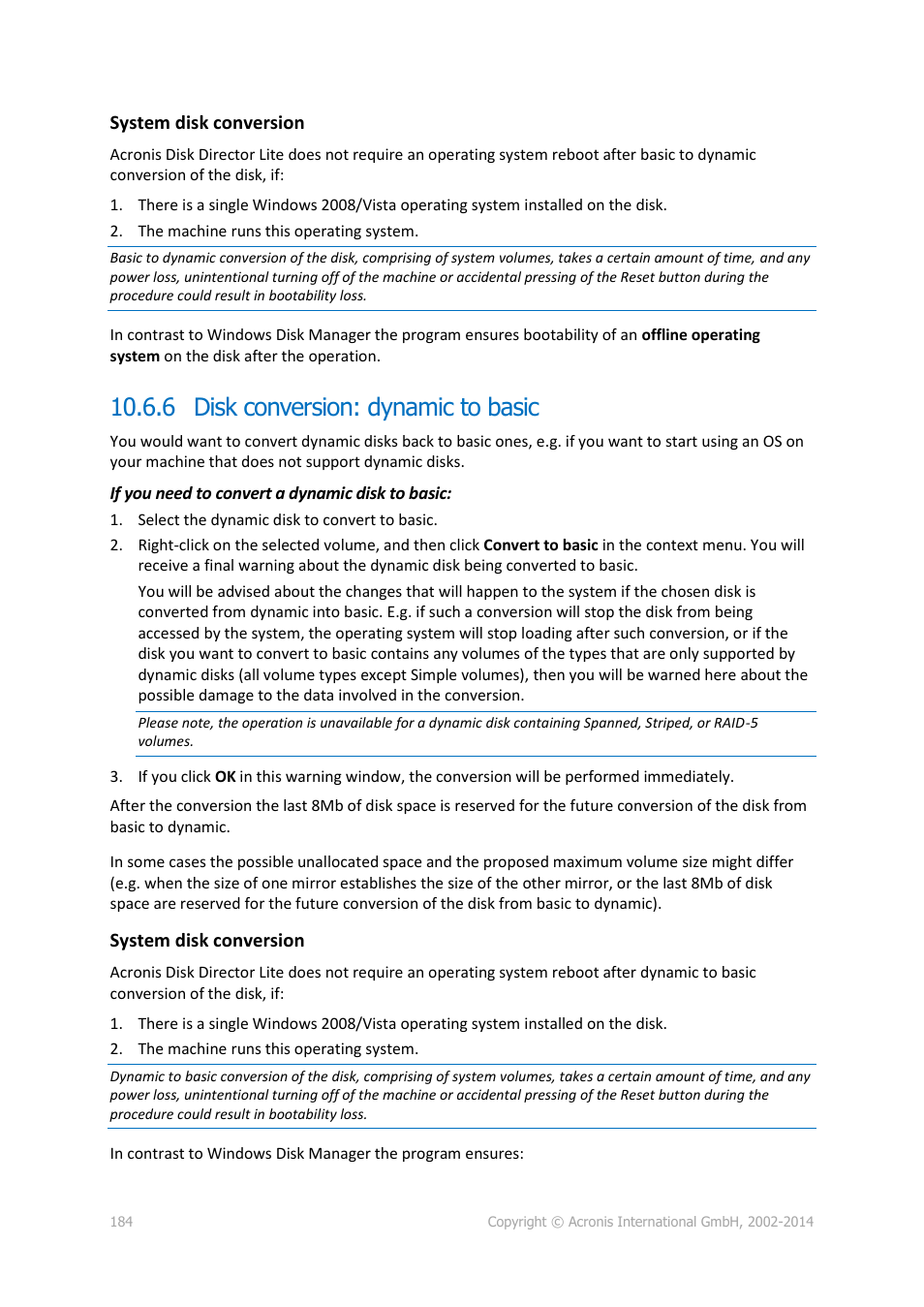 6 disk conversion: dynamic to basic | Acronis Backup for Windows Server - User Guide User Manual | Page 184 / 269