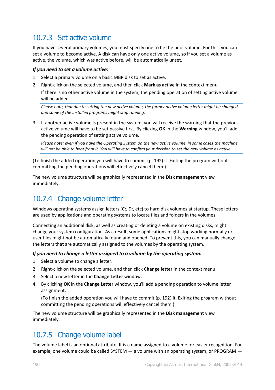 3 set active volume, 4 change volume letter, 5 change volume label | P. 190) | Acronis Backup for Windows Server - User Guide User Manual | Page 190 / 269