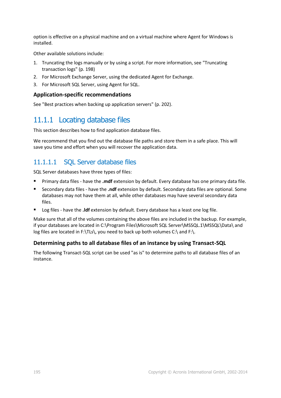 1 locating database files, 1 sql server database files | Acronis Backup for Windows Server - User Guide User Manual | Page 195 / 269