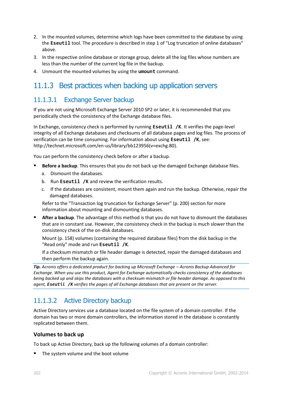 1 exchange server backup, 2 active directory backup | Acronis Backup for Windows Server - User Guide User Manual | Page 202 / 269
