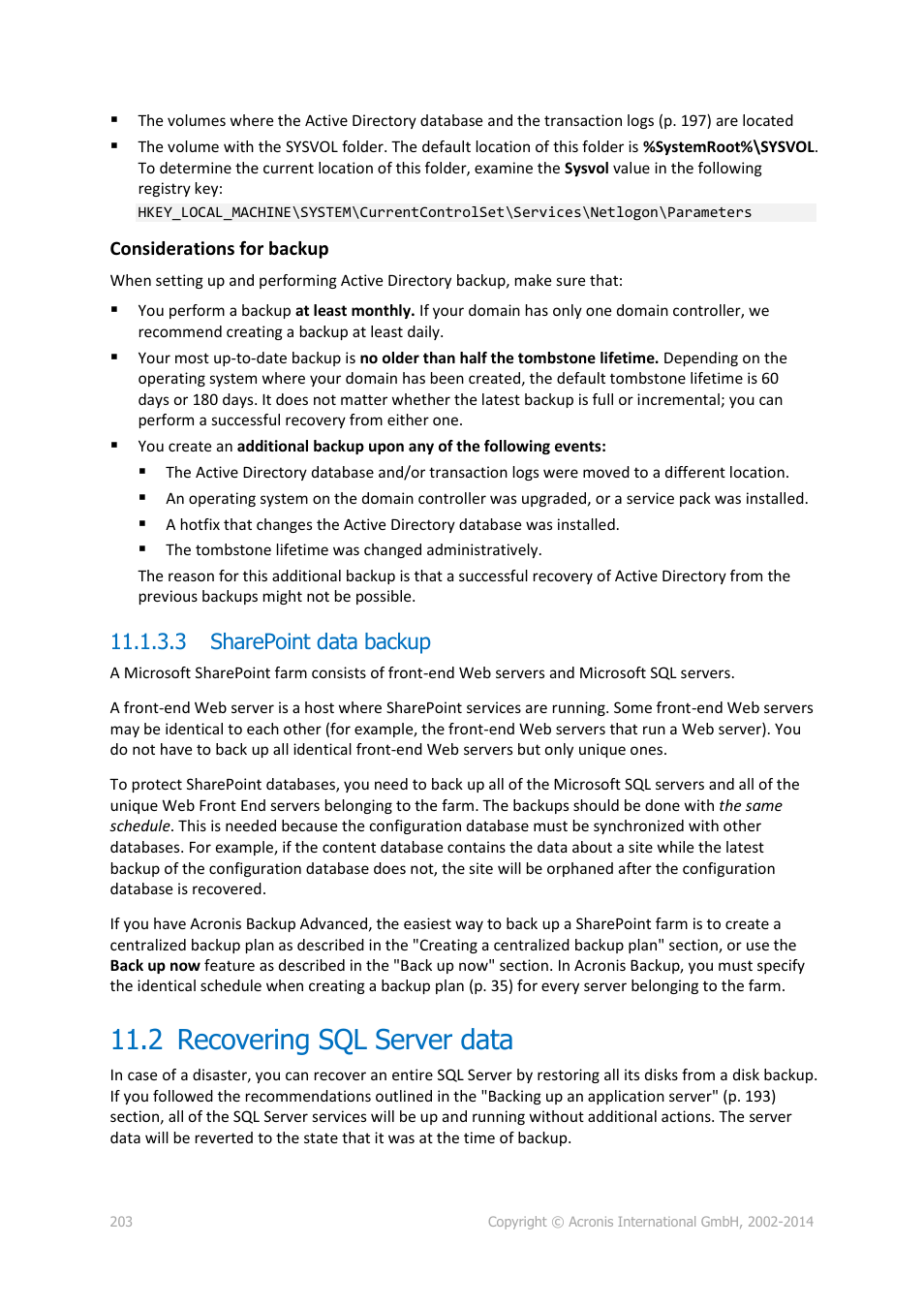 3 sharepoint data backup, 2 recovering sql server data, Recovering sql server data | Acronis Backup for Windows Server - User Guide User Manual | Page 203 / 269