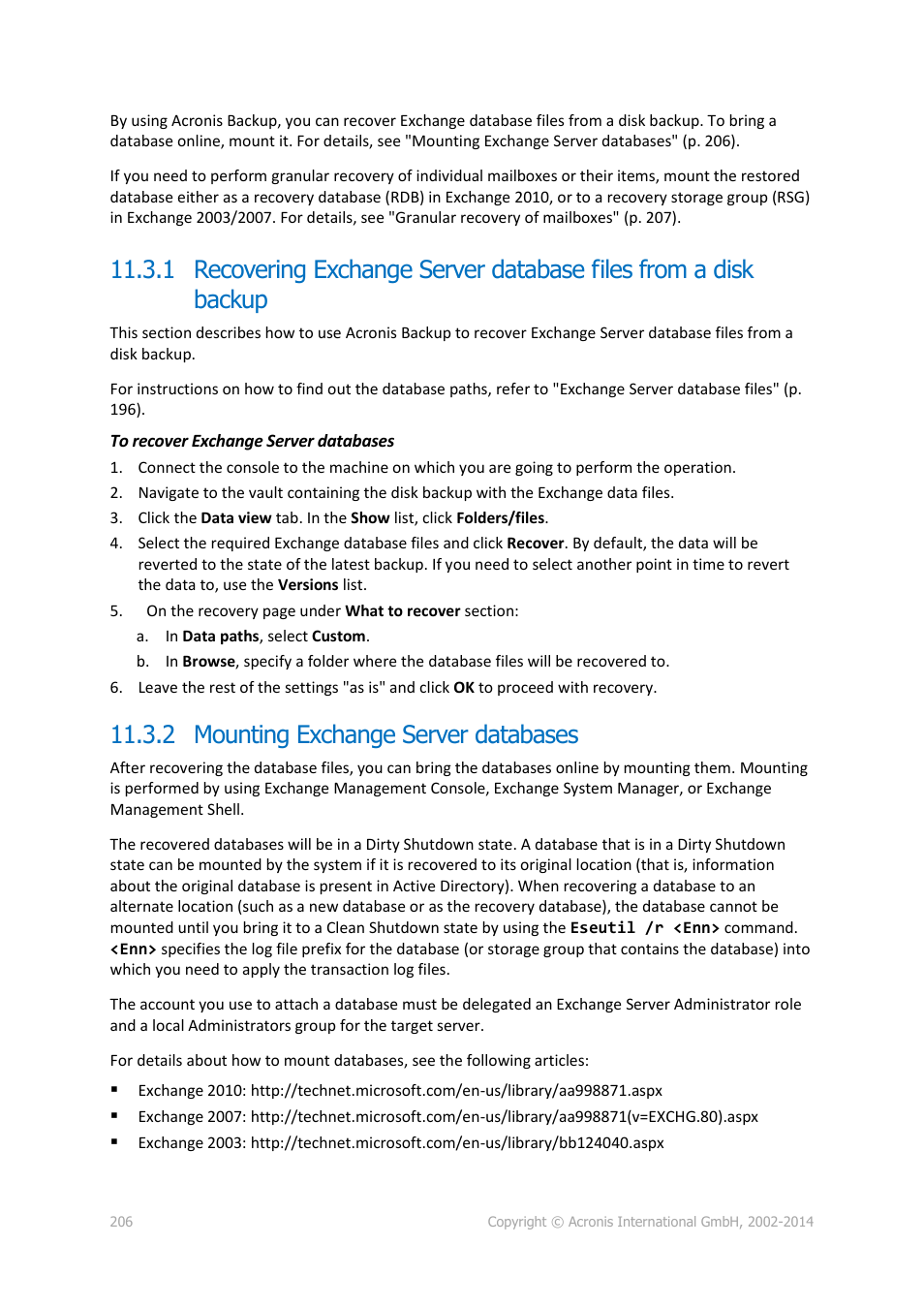 2 mounting exchange server databases | Acronis Backup for Windows Server - User Guide User Manual | Page 206 / 269