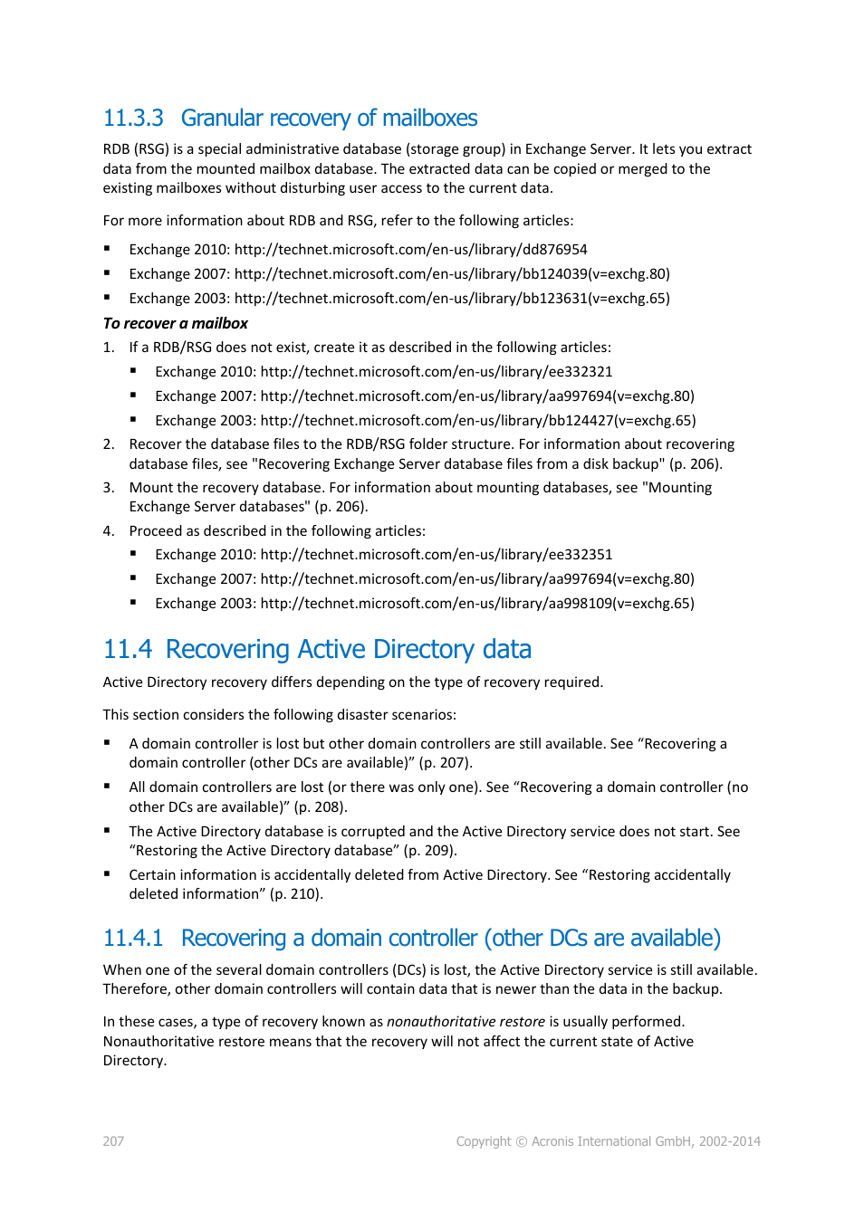 3 granular recovery of mailboxes, 4 recovering active directory data, Recovering active directory data | Acronis Backup for Windows Server - User Guide User Manual | Page 207 / 269
