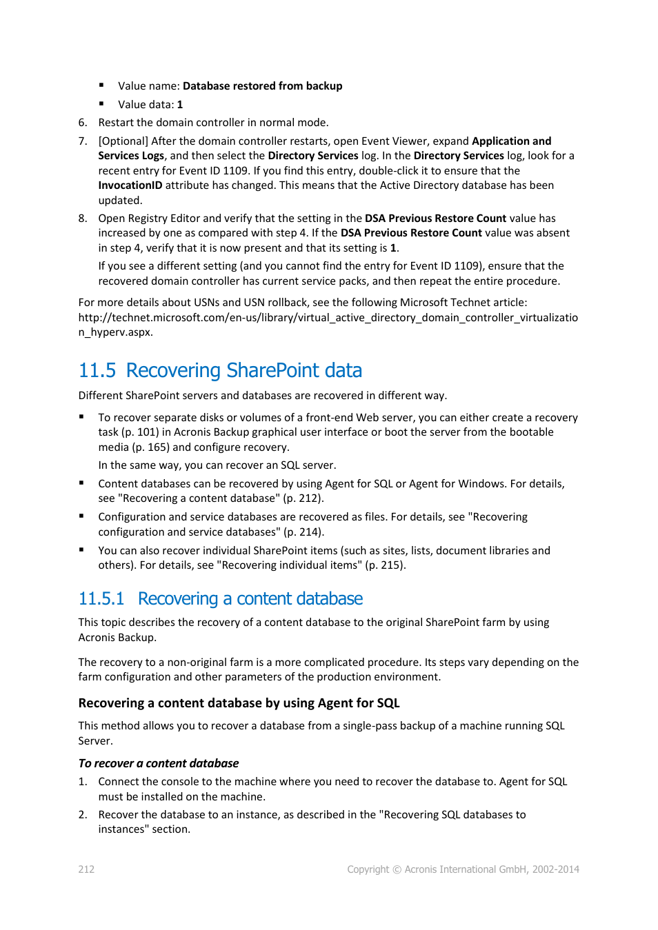 5 recovering sharepoint data, 1 recovering a content database, Recovering sharepoint data | Acronis Backup for Windows Server - User Guide User Manual | Page 212 / 269