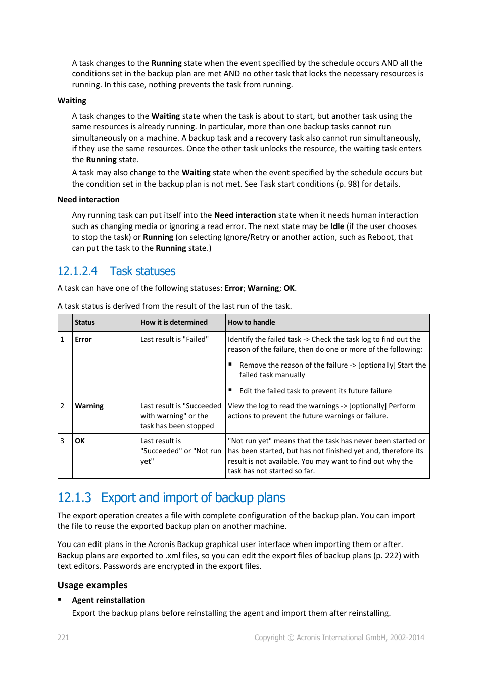 4 task statuses, 3 export and import of backup plans, P. 221) | Usage examples | Acronis Backup for Windows Server - User Guide User Manual | Page 221 / 269
