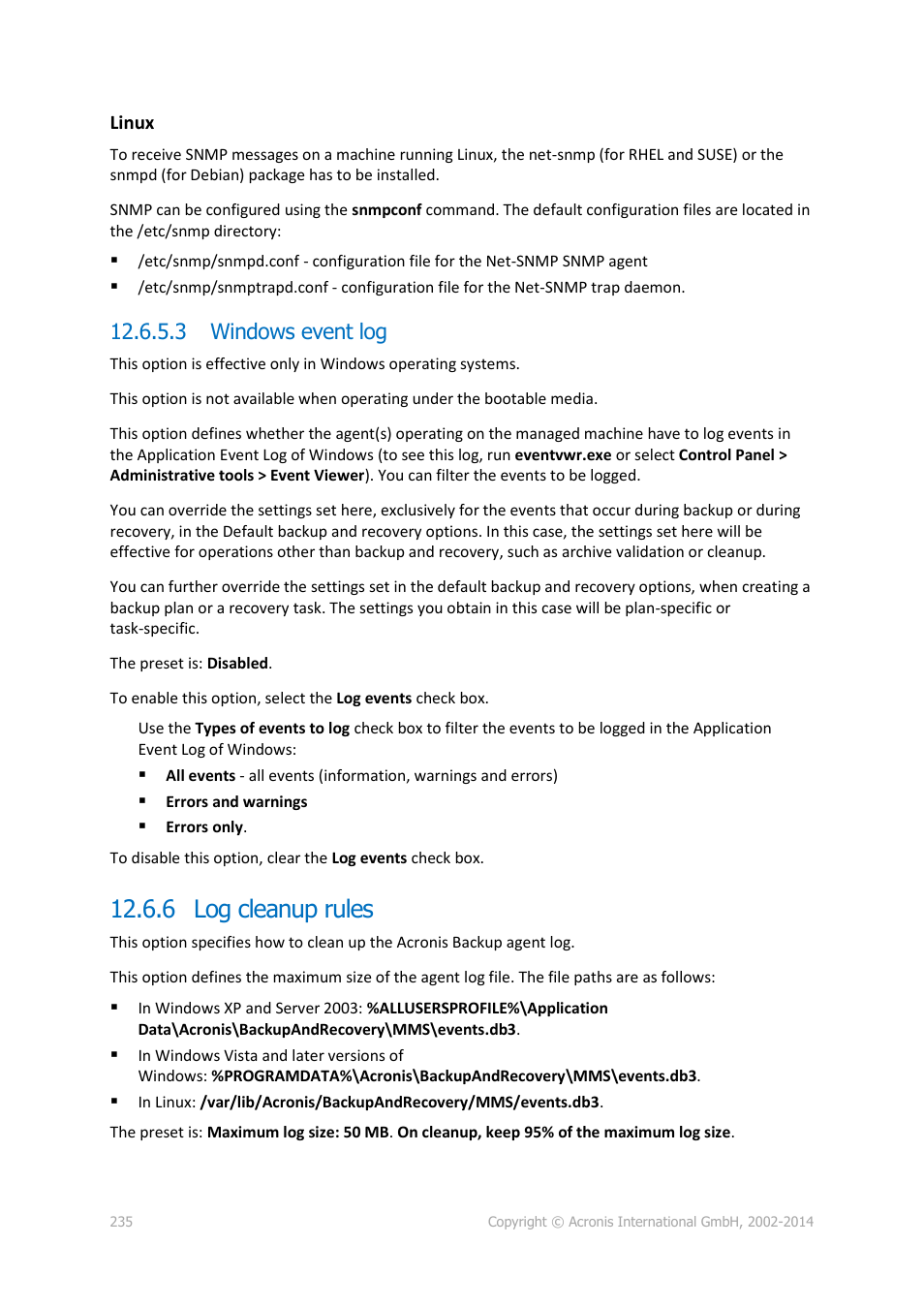 3 windows event log, 6 log cleanup rules | Acronis Backup for Windows Server - User Guide User Manual | Page 235 / 269