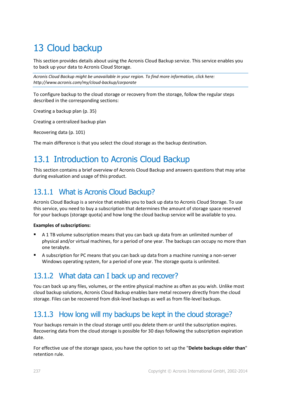 13 cloud backup, 1 introduction to acronis cloud backup, 1 what is acronis cloud backup | 2 what data can i back up and recover, Cloud backup, Introduction to acronis cloud backup, P. 237) | Acronis Backup for Windows Server - User Guide User Manual | Page 237 / 269