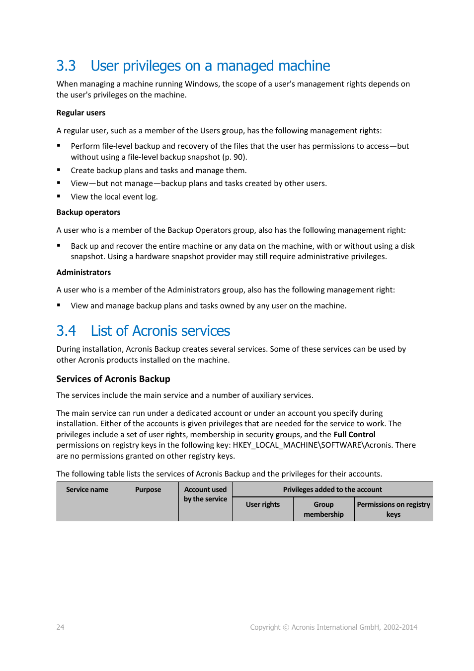 3 user privileges on a managed machine, 4 list of acronis services, User privileges on a managed machine | List of acronis services | Acronis Backup for Windows Server - User Guide User Manual | Page 24 / 269