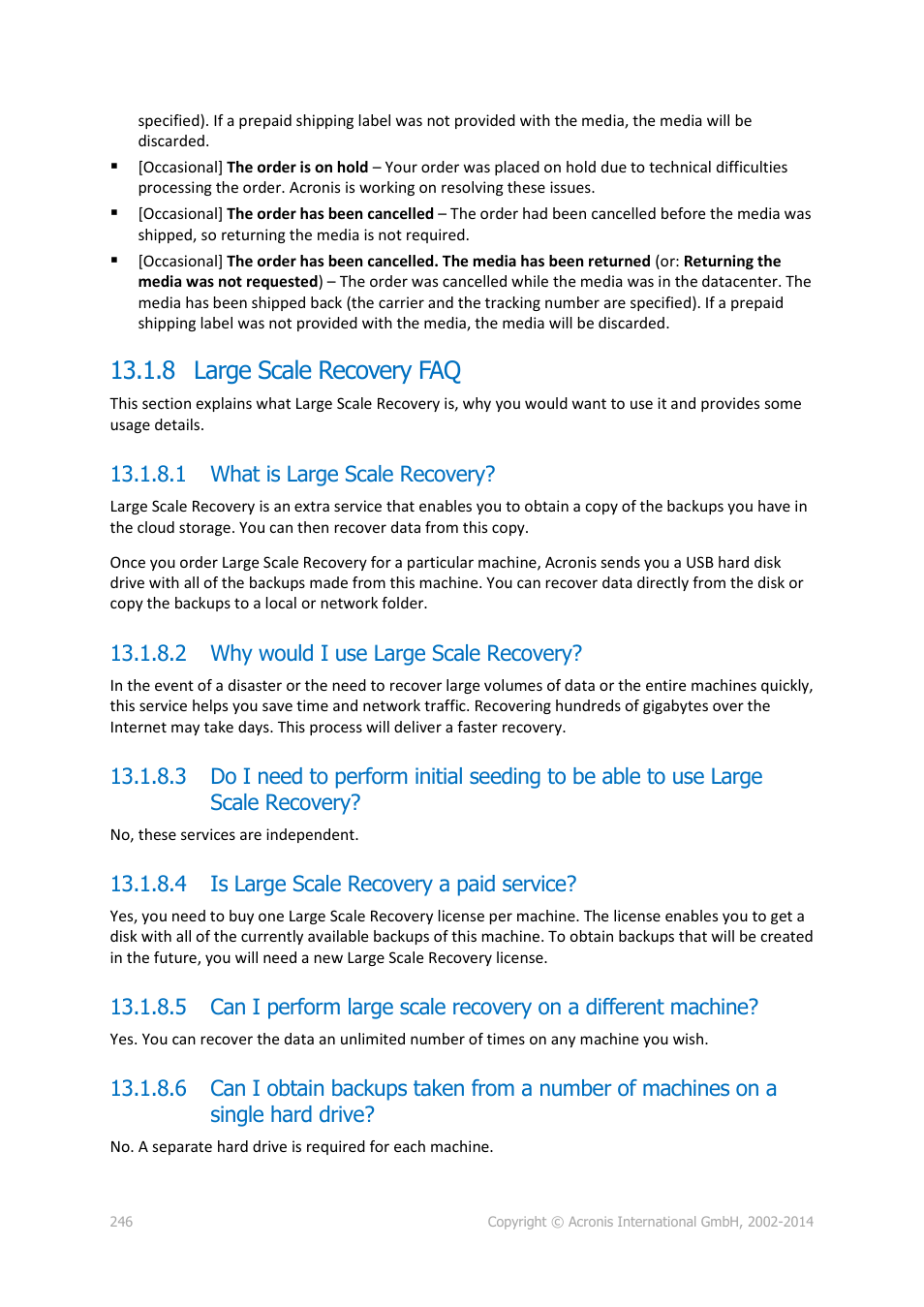 8 large scale recovery faq, 1 what is large scale recovery, 2 why would i use large scale recovery | 4 is large scale recovery a paid service | Acronis Backup for Windows Server - User Guide User Manual | Page 246 / 269