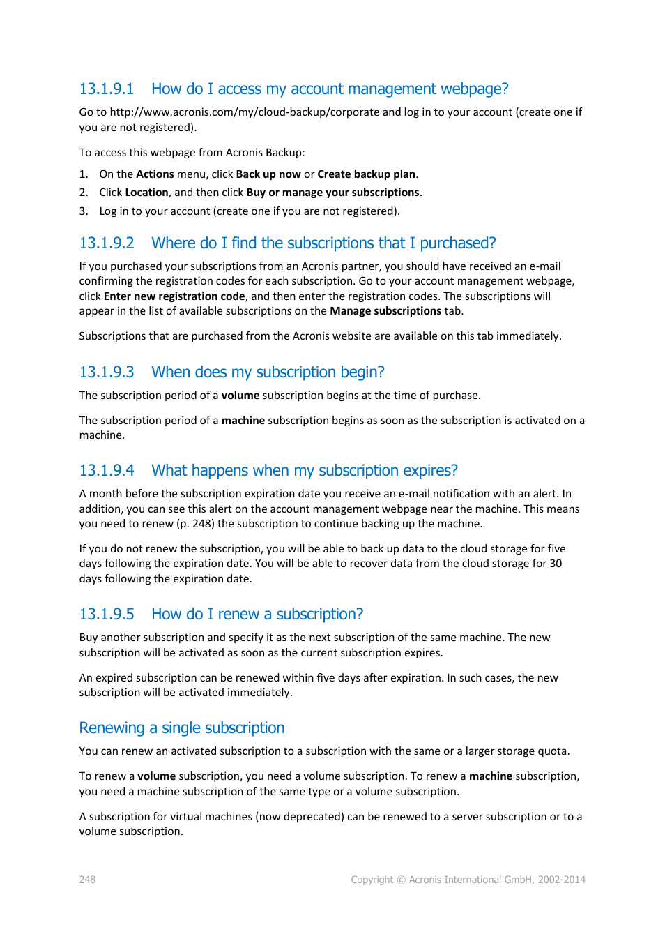 3 when does my subscription begin, 4 what happens when my subscription expires, 5 how do i renew a subscription | Renewing a single subscription, 1 how do i access my account management webpage | Acronis Backup for Windows Server - User Guide User Manual | Page 248 / 269