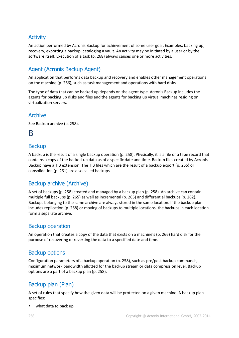 Activity, Agent (acronis backup agent), Archive | Backup, Backup archive (archive), Backup operation, Backup options, Backup plan (plan), P. 258) | Acronis Backup for Windows Server - User Guide User Manual | Page 258 / 269
