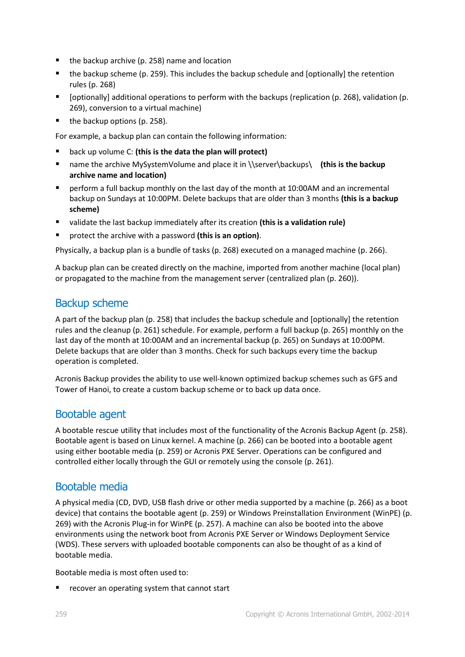 Backup scheme, Bootable agent, Bootable media | P. 259) | Acronis Backup for Windows Server - User Guide User Manual | Page 259 / 269