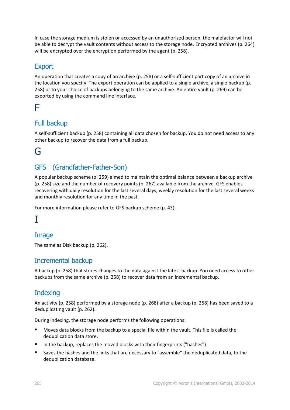 Export, Full backup, Gfs (grandfather-father-son) | Image, Incremental backup, Indexing, P. 265) | Acronis Backup for Windows Server - User Guide User Manual | Page 265 / 269