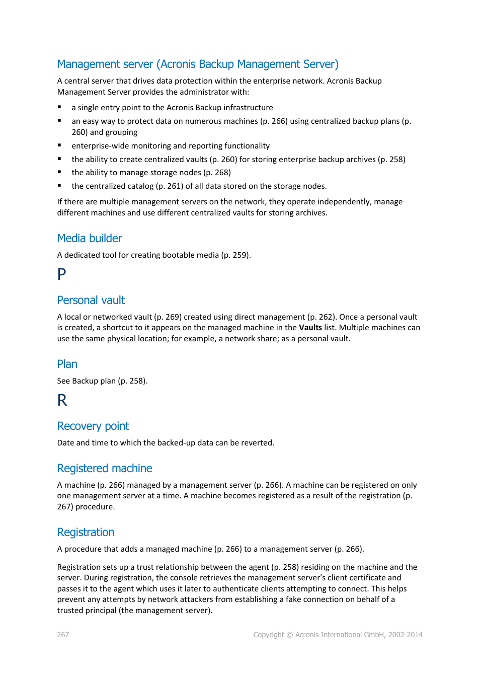Media builder, Personal vault, Plan | Recovery point, Registered machine, Registration, P. 267) | Acronis Backup for Windows Server - User Guide User Manual | Page 267 / 269