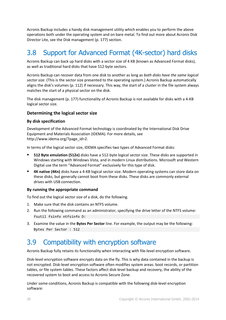 9 compatibility with encryption software, Support for advanced format (4k-sector) hard disks, Compatibility with encryption software | Acronis Backup for Windows Server - User Guide User Manual | Page 30 / 269