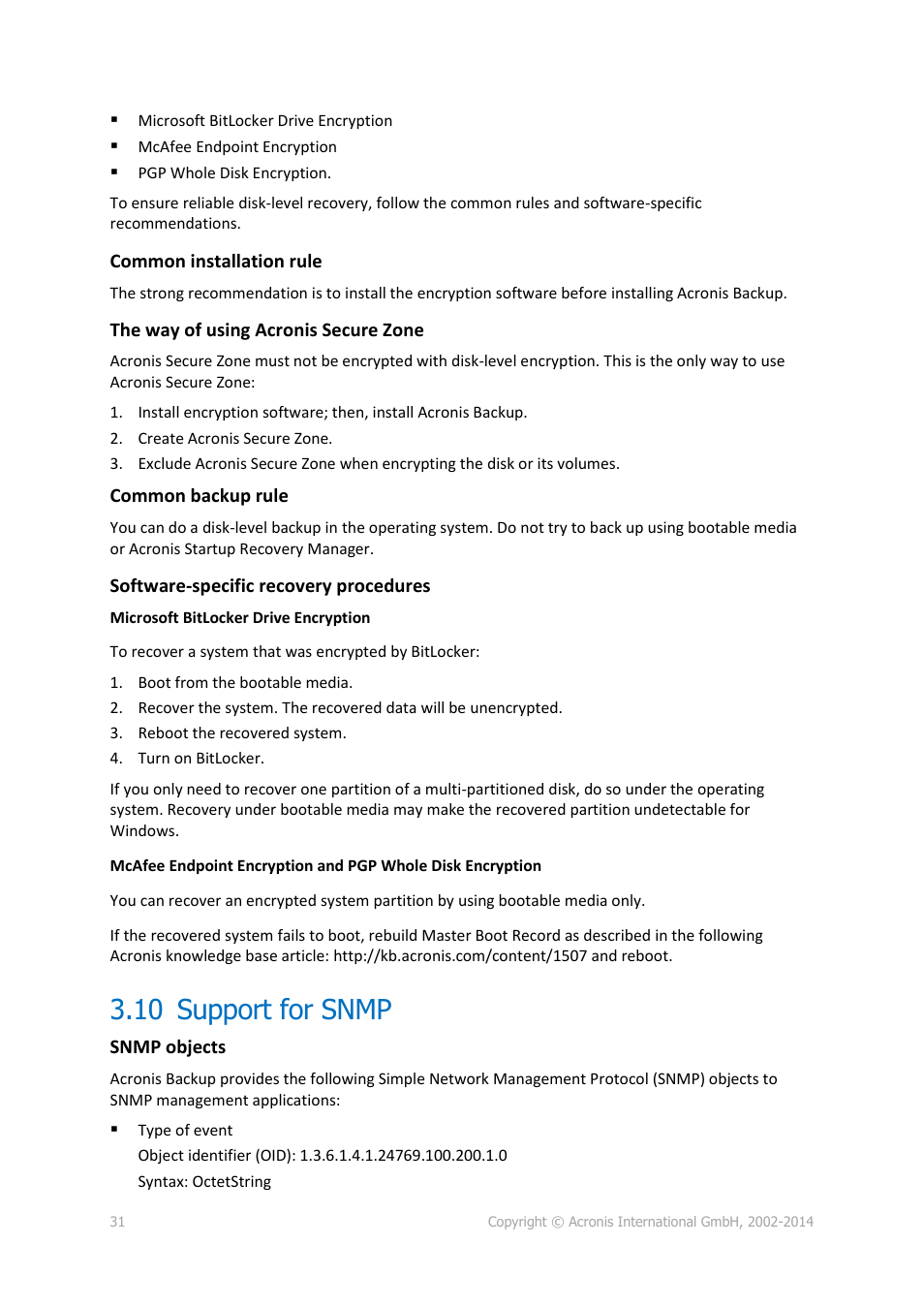 10 support for snmp, Support for snmp | Acronis Backup for Windows Server - User Guide User Manual | Page 31 / 269