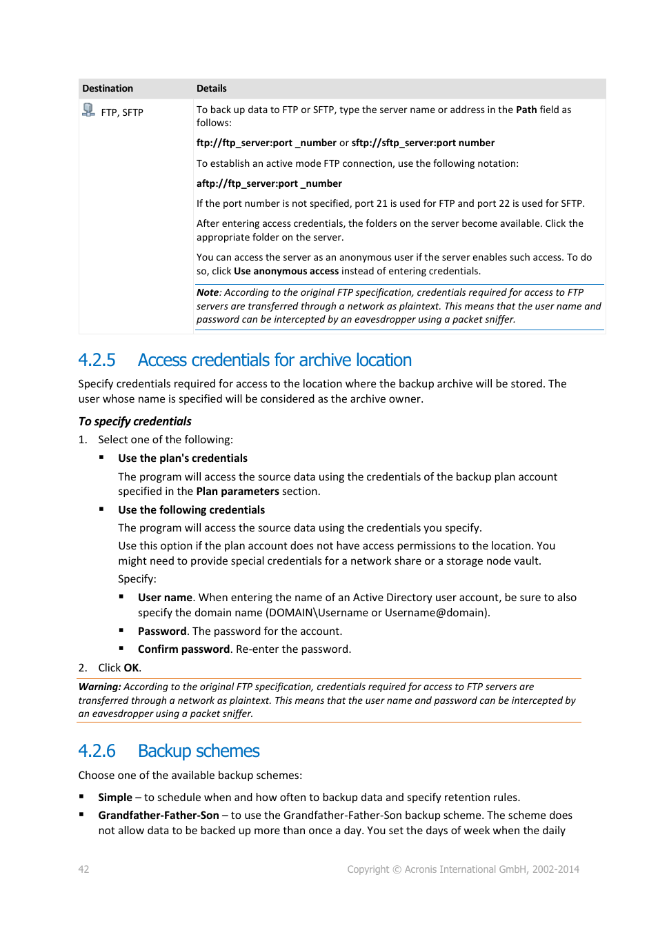 5 access credentials for archive location, 6 backup schemes, Access credentials for archive location | Backup schemes, P. 42) | Acronis Backup for Windows Server - User Guide User Manual | Page 42 / 269