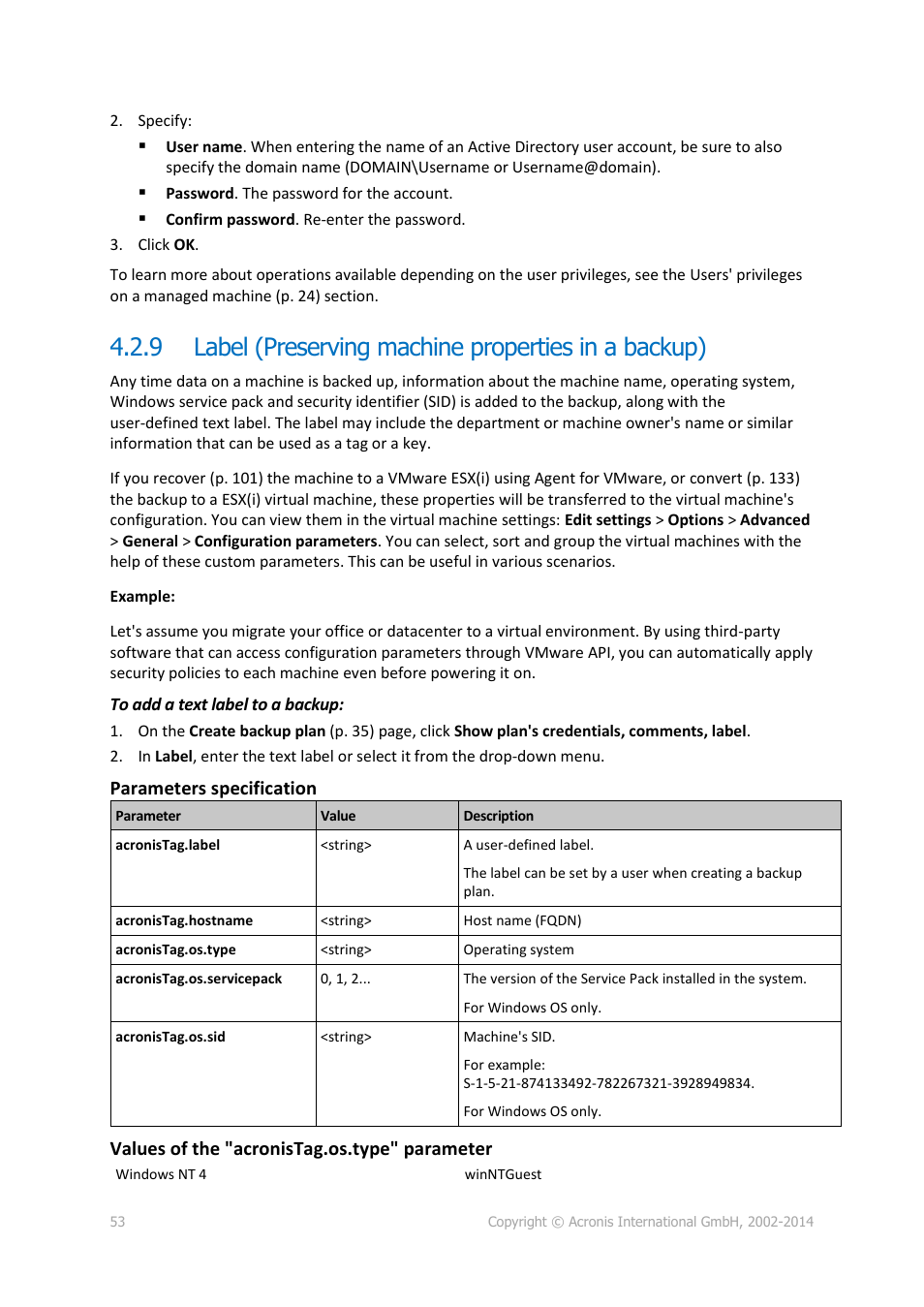 Label (preserving machine properties in a backup), Parameters specification, Values of the "acronistag.os.type" parameter | Acronis Backup for Windows Server - User Guide User Manual | Page 53 / 269