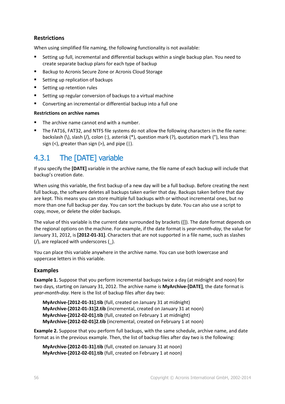 1 the [date] variable, The [date] variable, P. 56) | Acronis Backup for Windows Server - User Guide User Manual | Page 56 / 269