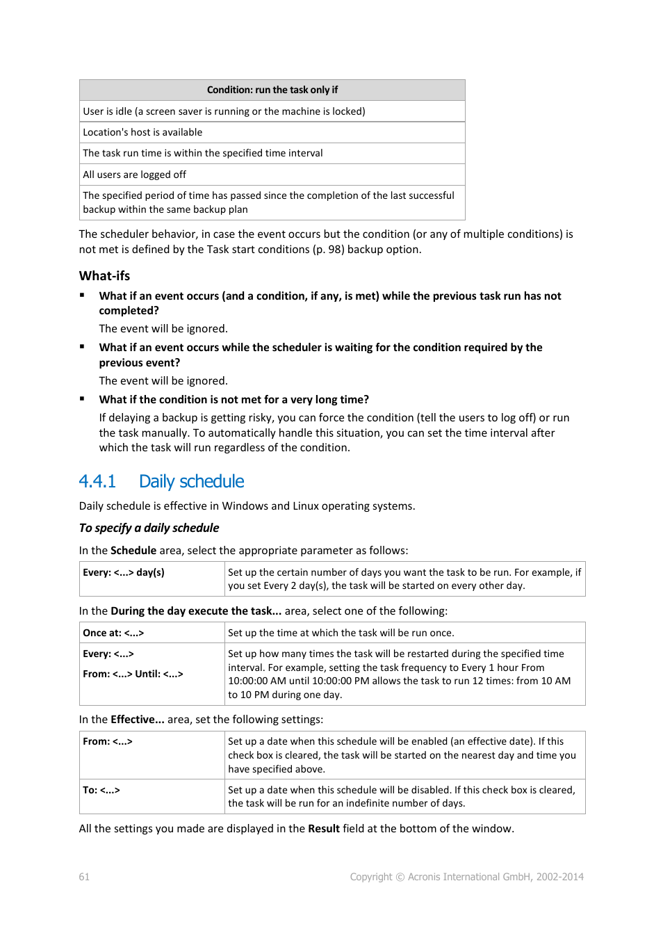 1 daily schedule, Daily schedule, What-ifs | Acronis Backup for Windows Server - User Guide User Manual | Page 61 / 269