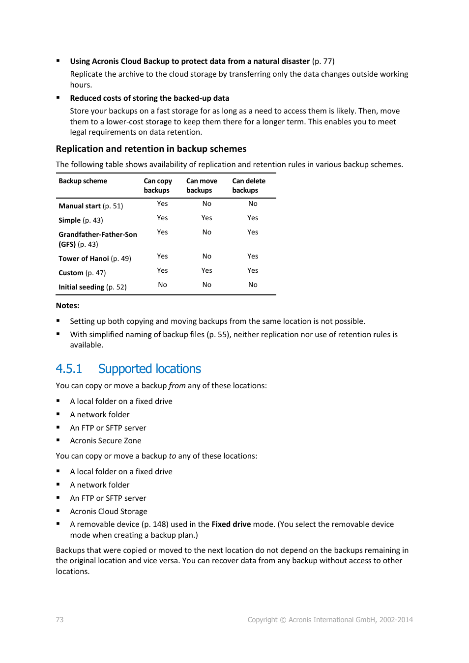 1 supported locations, Supported locations, Replication and retention in backup schemes | Acronis Backup for Windows Server - User Guide User Manual | Page 73 / 269