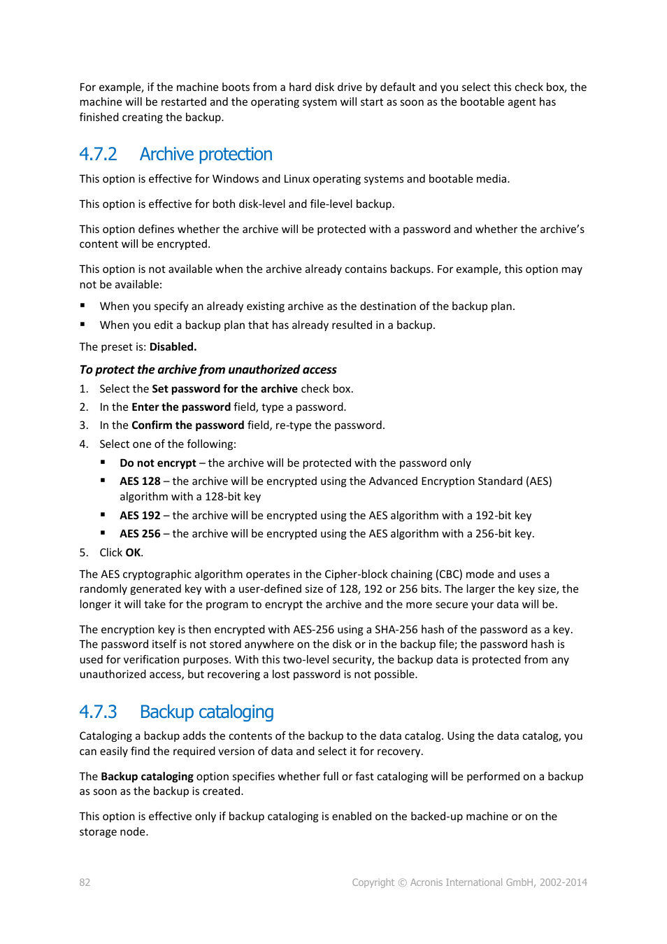 2 archive protection, 3 backup cataloging, Archive protection | Backup cataloging | Acronis Backup for Windows Server - User Guide User Manual | Page 82 / 269