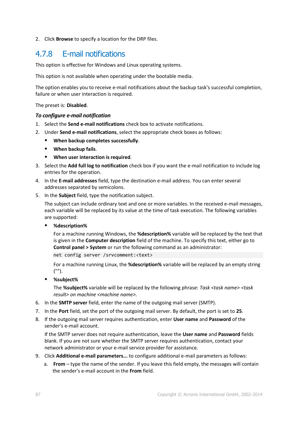 8 e-mail notifications, E-mail notifications | Acronis Backup for Windows Server - User Guide User Manual | Page 87 / 269