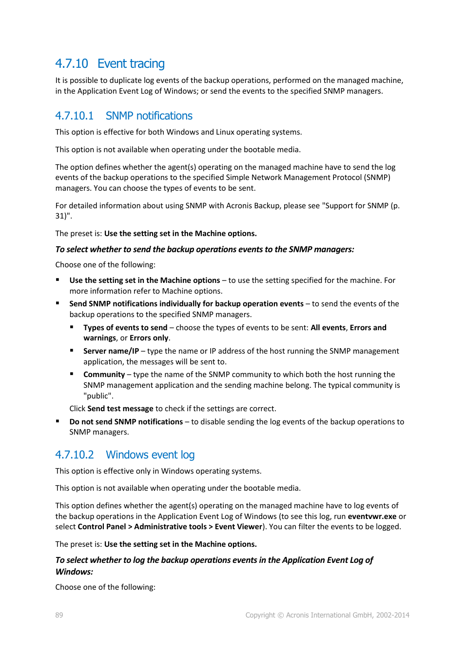 10 event tracing, 1 snmp notifications, 2 windows event log | Acronis Backup for Windows Server - User Guide User Manual | Page 89 / 269
