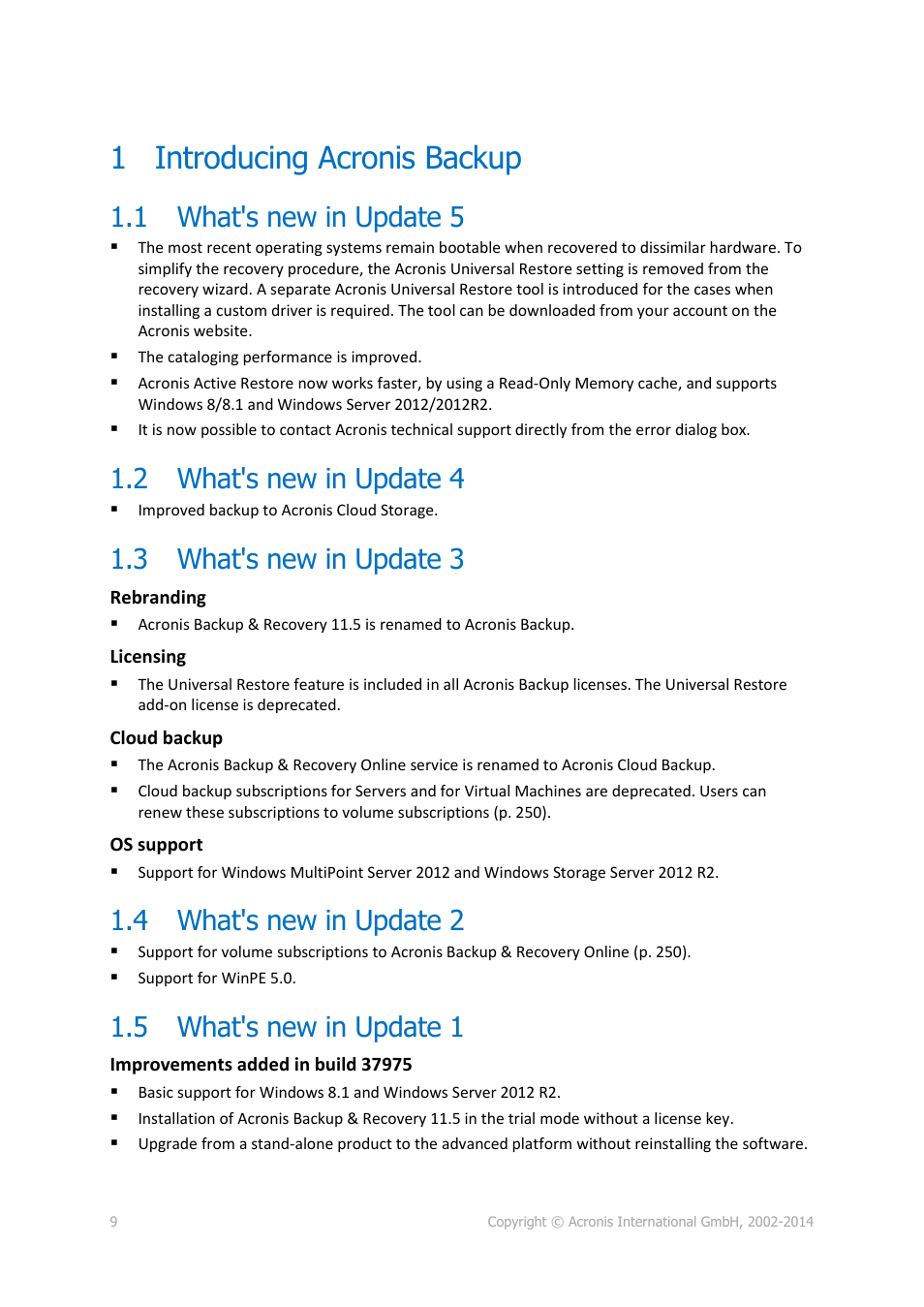 1 introducing acronis backup, 1 what's new in update 5, 2 what's new in update 4 | 3 what's new in update 3, 4 what's new in update 2, 5 what's new in update 1, Introducing acronis backup, What's new in update 5, What's new in update 4, What's new in update 3 | Acronis Backup for Windows Server - User Guide User Manual | Page 9 / 269