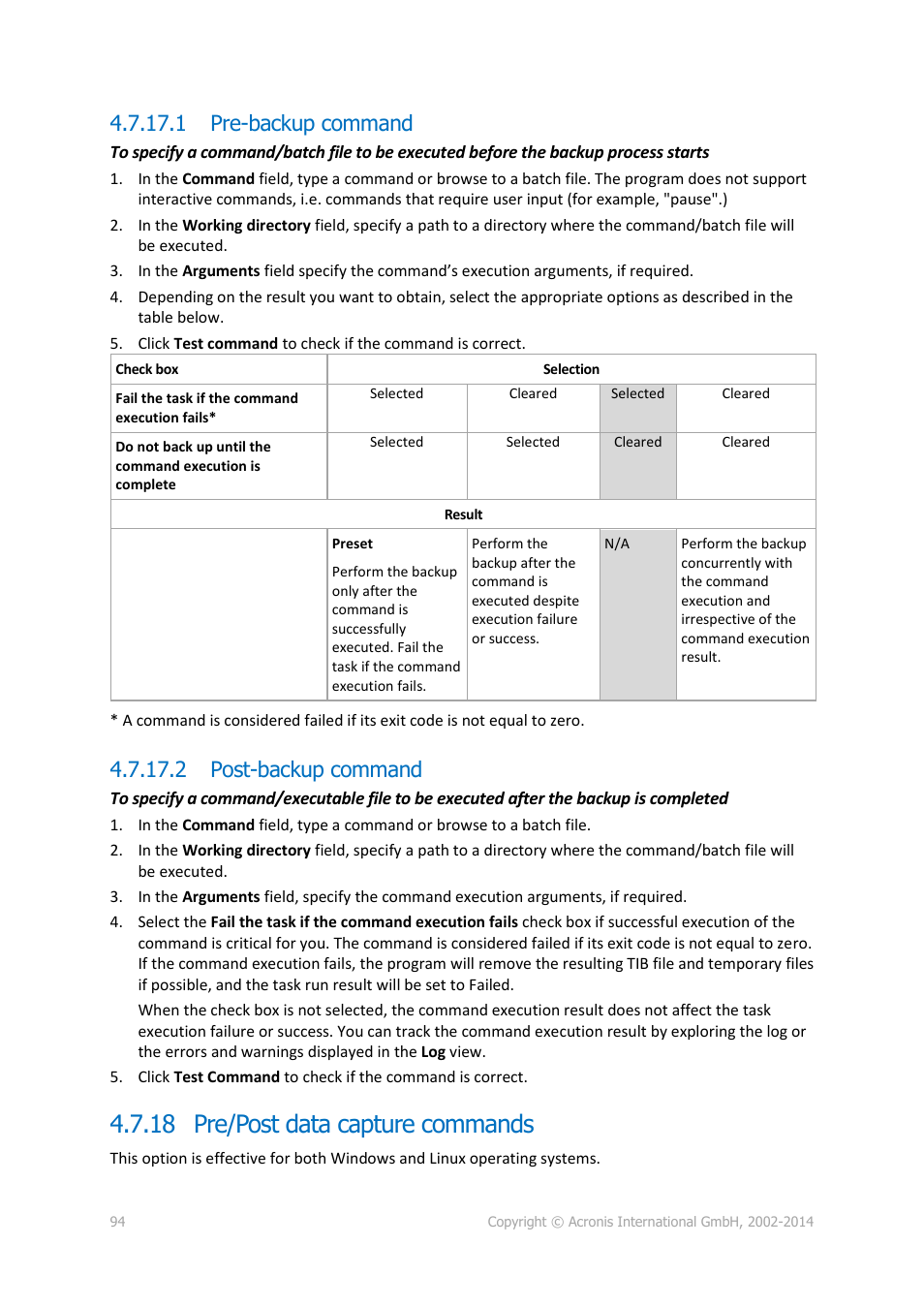 1 pre-backup command, 2 post-backup command, 18 pre/post data capture commands | Acronis Backup for Windows Server - User Guide User Manual | Page 94 / 269