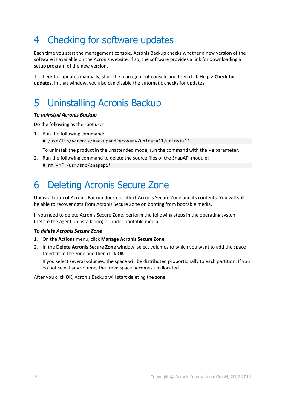 4 checking for software updates, 5 uninstalling acronis backup, 6 deleting acronis secure zone | Checking for software updates, Uninstalling acronis backup, Deleting acronis secure zone | Acronis Backup for Linux Server - Installation Guide User Manual | Page 14 / 14