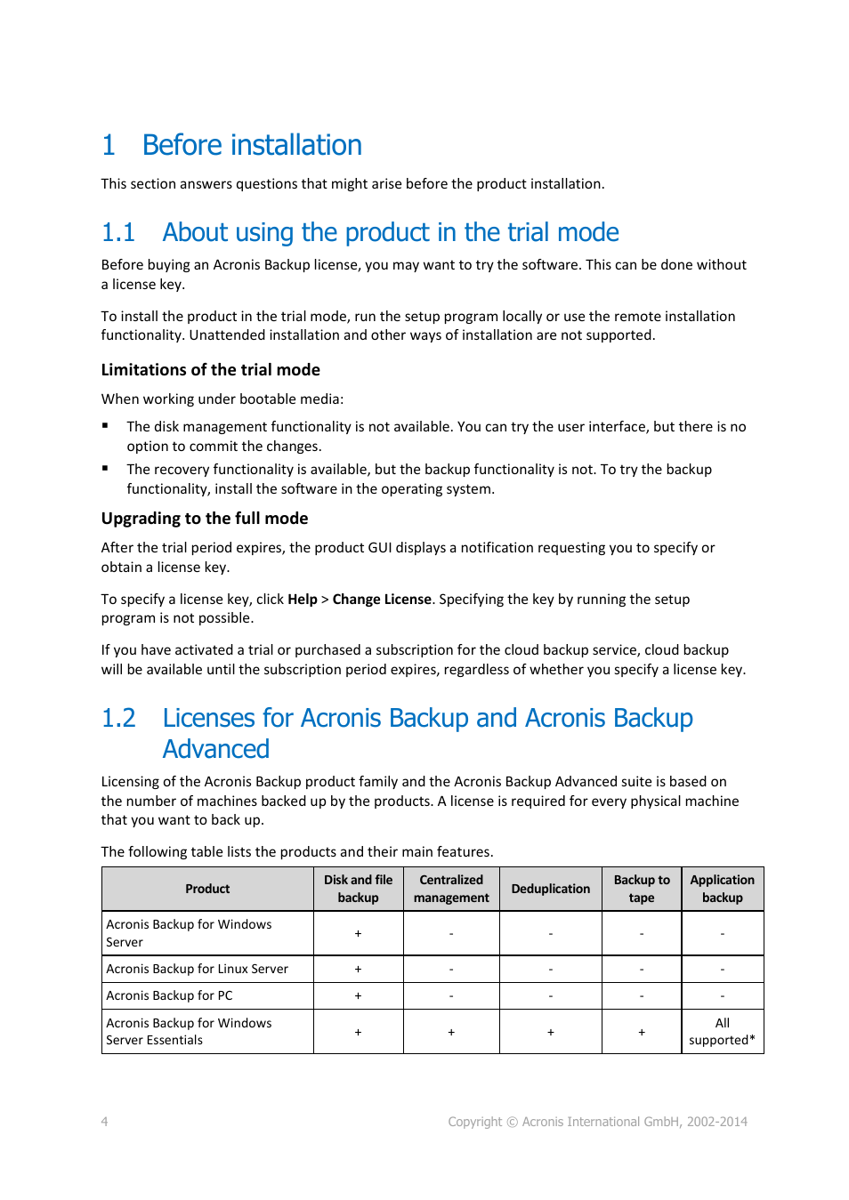1 before installation, 1 about using the product in the trial mode, Before installation | About using the product in the trial mode | Acronis Backup for Linux Server - Installation Guide User Manual | Page 4 / 14