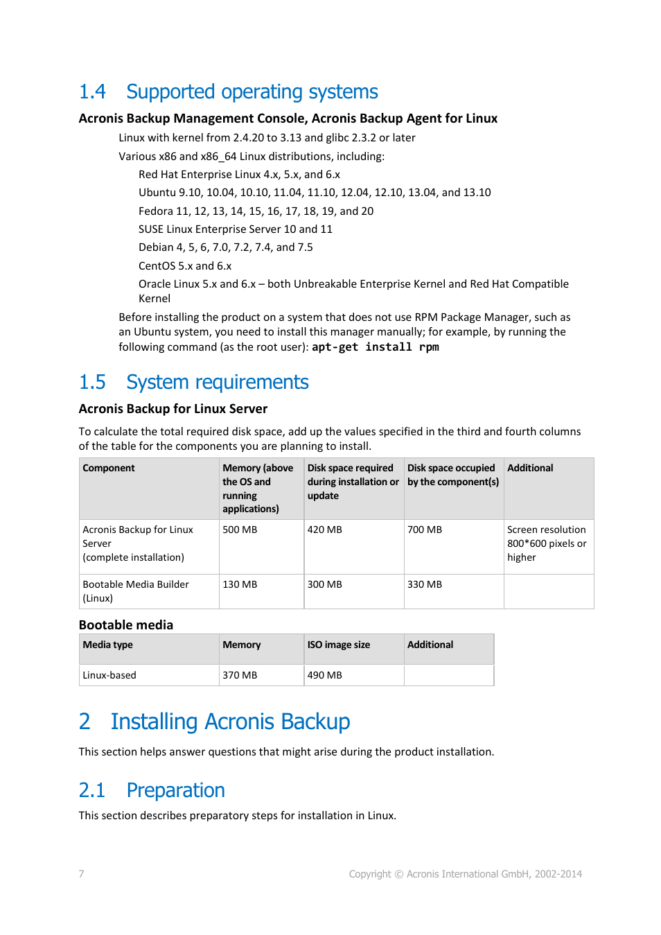 4 supported operating systems, 5 system requirements, 2 installing acronis backup | 1 preparation, Supported operating systems, System requirements, Installing acronis backup, Preparation | Acronis Backup for Linux Server - Installation Guide User Manual | Page 7 / 14