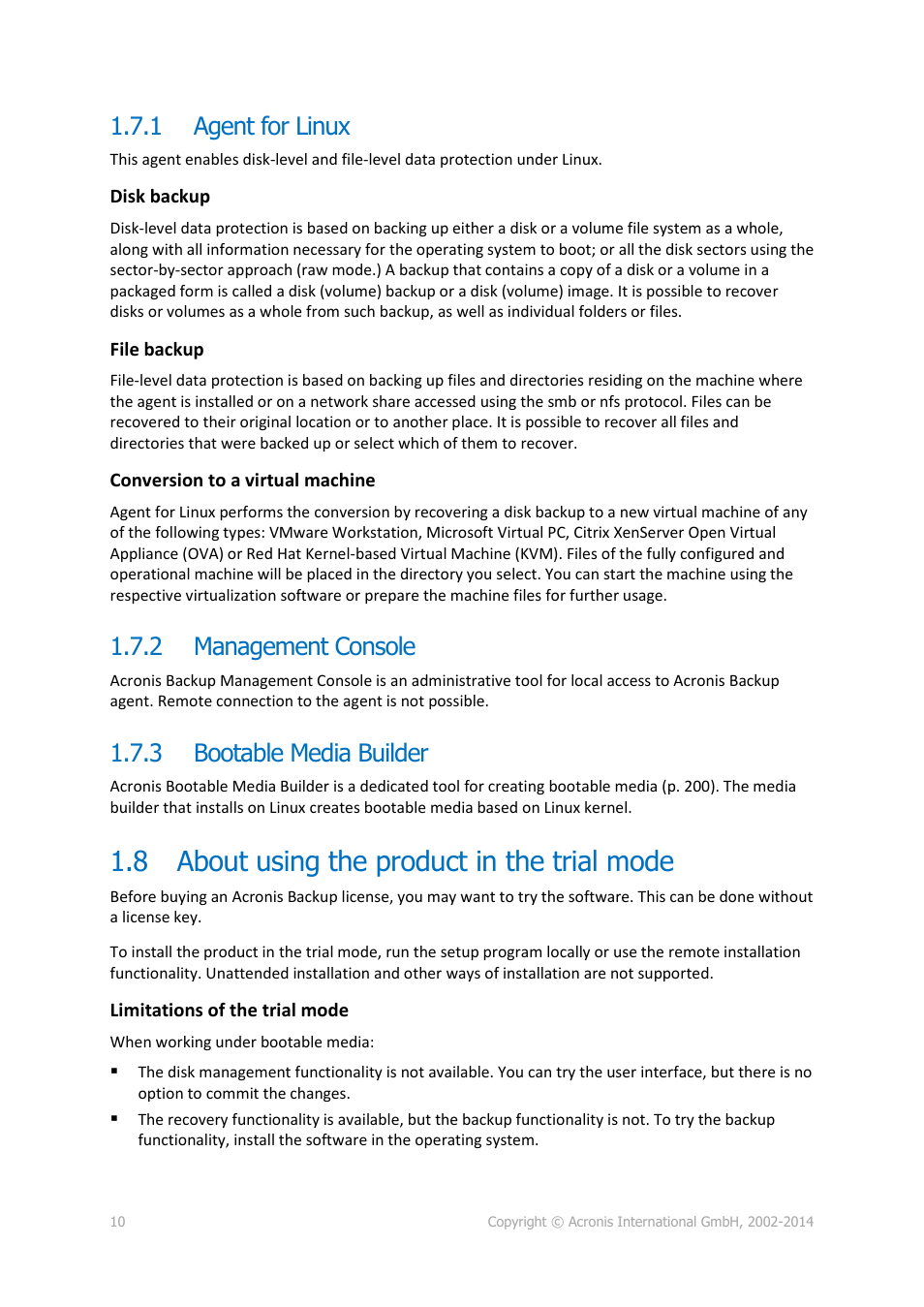1 agent for linux, 2 management console, 3 bootable media builder | 8 about using the product in the trial mode, Agent for linux, Management console, Bootable media builder, About using the product in the trial mode | Acronis Backup for Linux Server - User Guide User Manual | Page 10 / 210