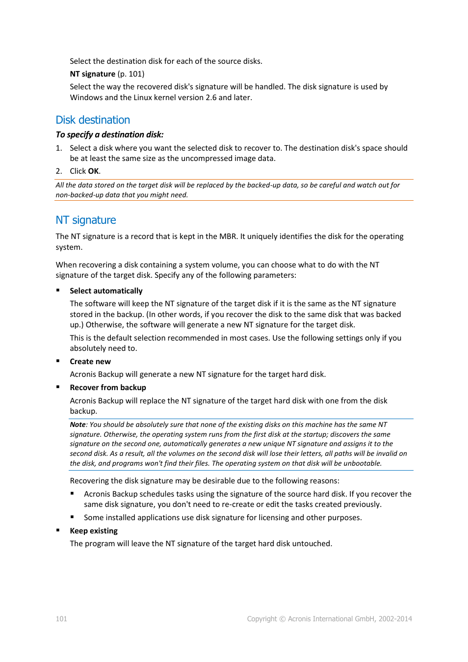 Disk destination, Nt signature | Acronis Backup for Linux Server - User Guide User Manual | Page 101 / 210