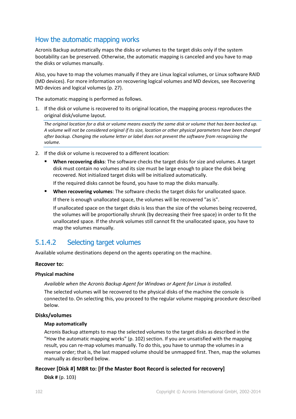 How the automatic mapping works, 2 selecting target volumes | Acronis Backup for Linux Server - User Guide User Manual | Page 102 / 210