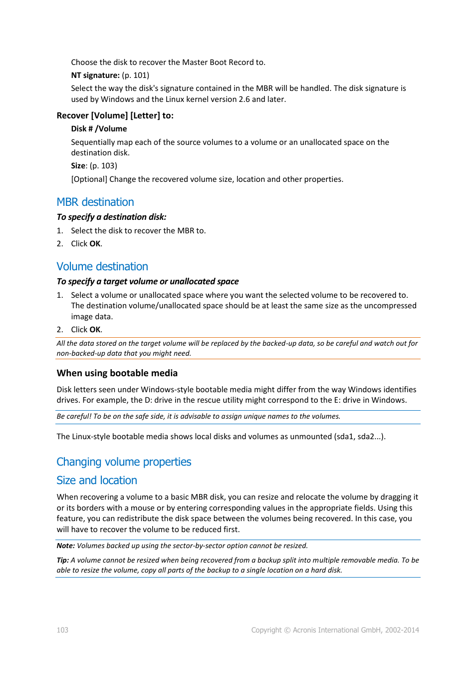 Mbr destination, Volume destination, Changing volume properties | Size and location, Changing volume properties size and location | Acronis Backup for Linux Server - User Guide User Manual | Page 103 / 210