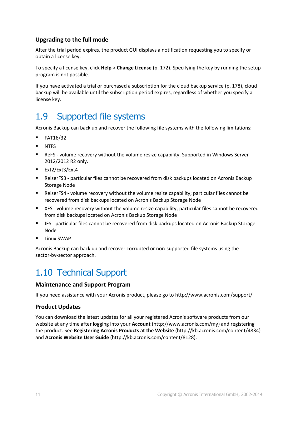 9 supported file systems, 10 technical support, Supported file systems | Technical support | Acronis Backup for Linux Server - User Guide User Manual | Page 11 / 210