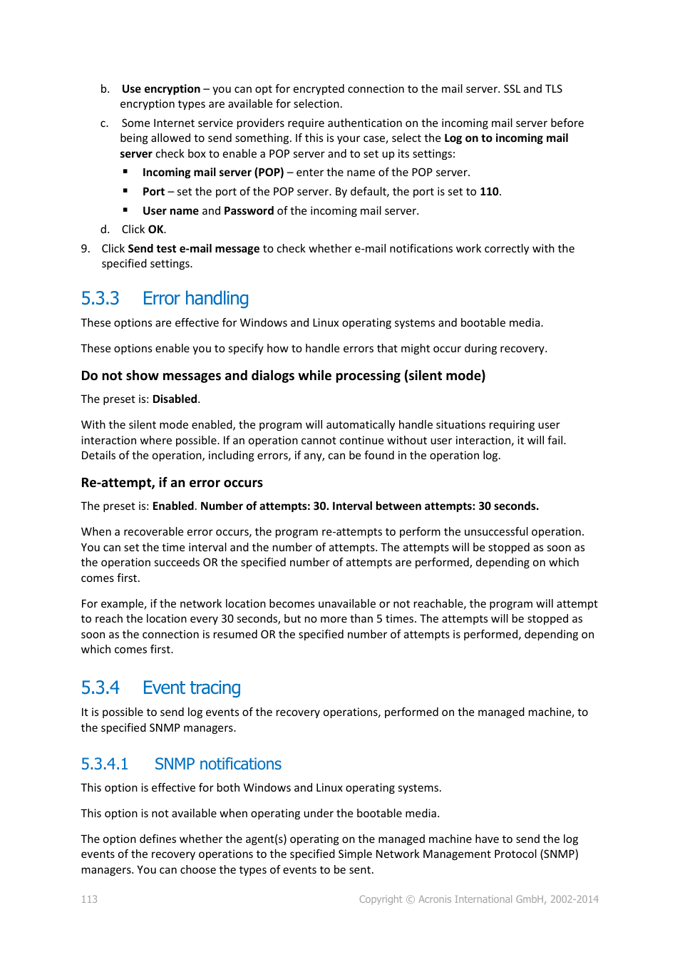 3 error handling, 4 event tracing, 1 snmp notifications | Error handling, Event tracing | Acronis Backup for Linux Server - User Guide User Manual | Page 113 / 210