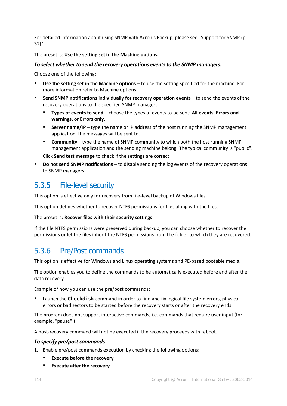 5 file-level security, 6 pre/post commands, File-level security | Pre/post commands | Acronis Backup for Linux Server - User Guide User Manual | Page 114 / 210