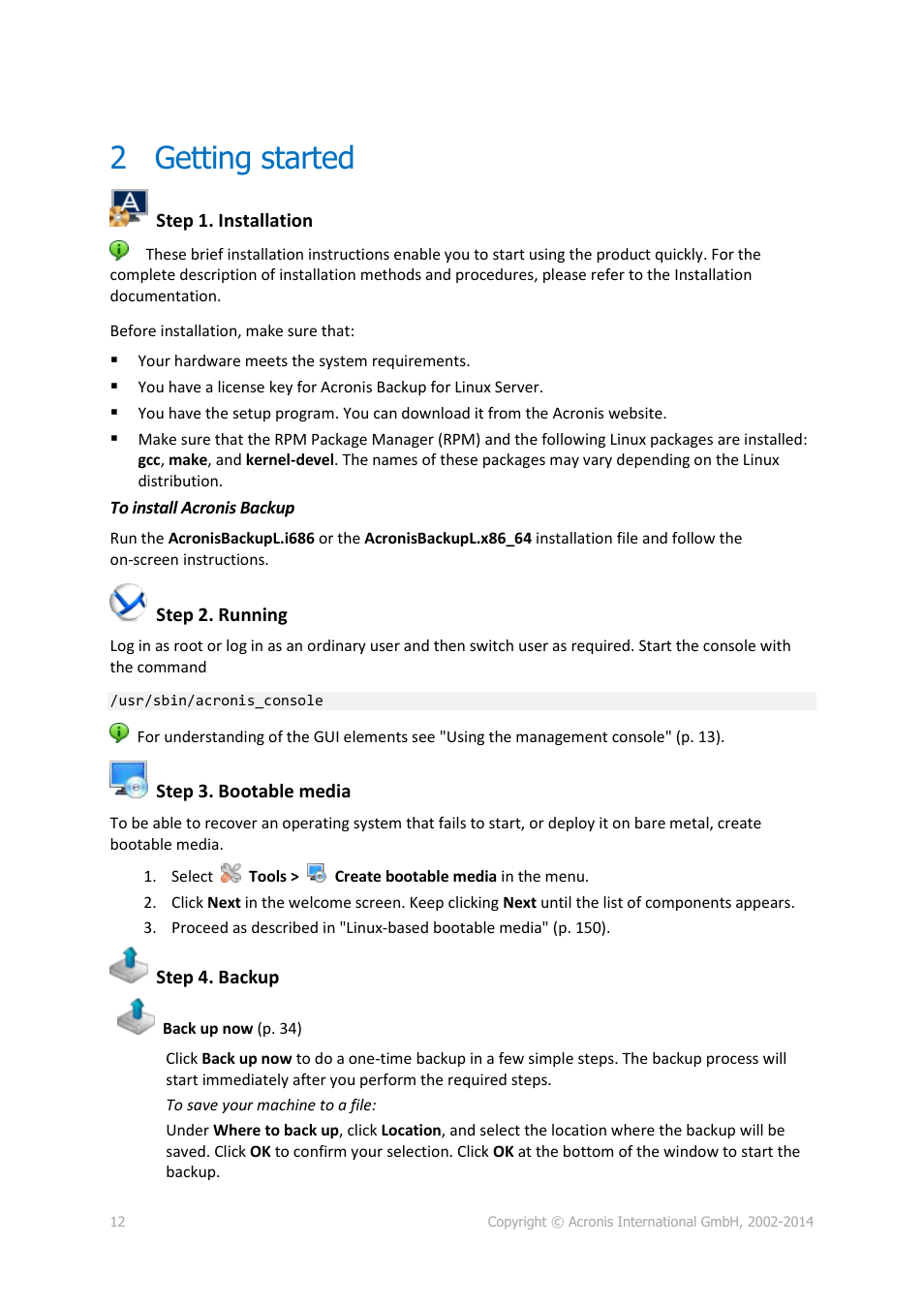 2 getting started, Getting started | Acronis Backup for Linux Server - User Guide User Manual | Page 12 / 210
