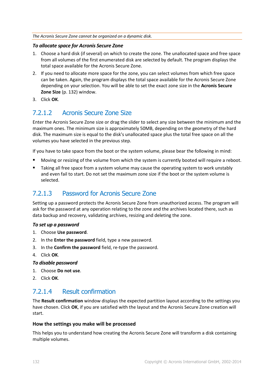 2 acronis secure zone size, 3 password for acronis secure zone, 4 result confirmation | P. 132) | Acronis Backup for Linux Server - User Guide User Manual | Page 132 / 210