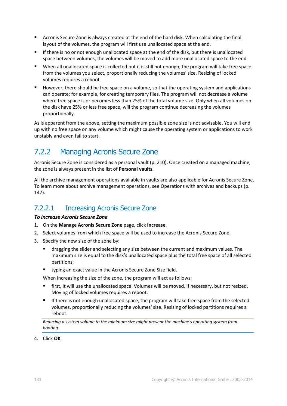 2 managing acronis secure zone, 1 increasing acronis secure zone, Managing acronis secure zone | Acronis Backup for Linux Server - User Guide User Manual | Page 133 / 210