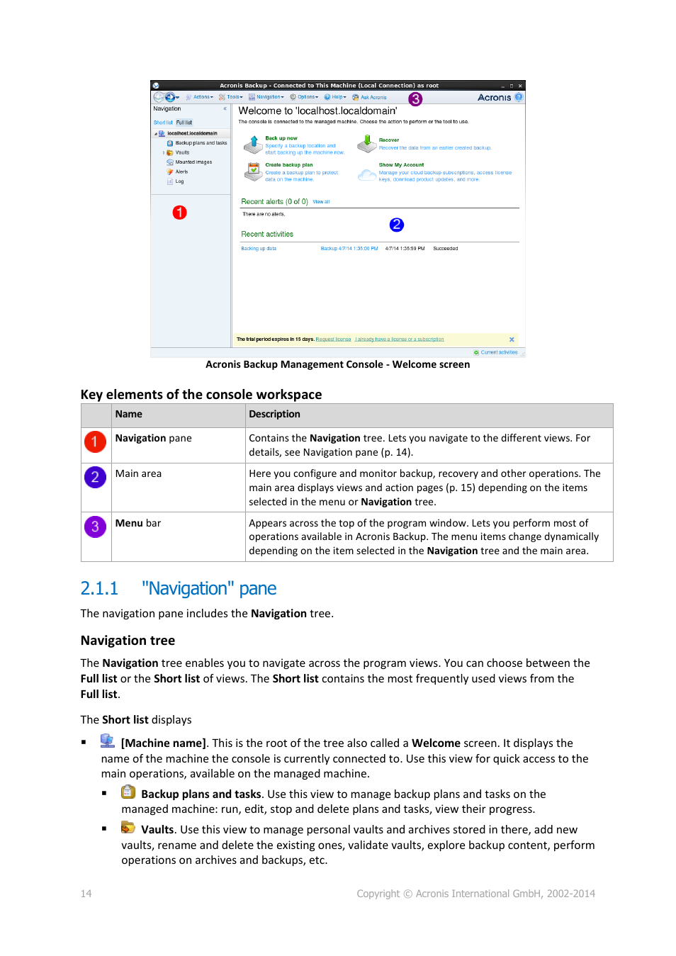 1 "navigation" pane, Navigation" pane, Key elements of the console workspace | Navigation tree | Acronis Backup for Linux Server - User Guide User Manual | Page 14 / 210