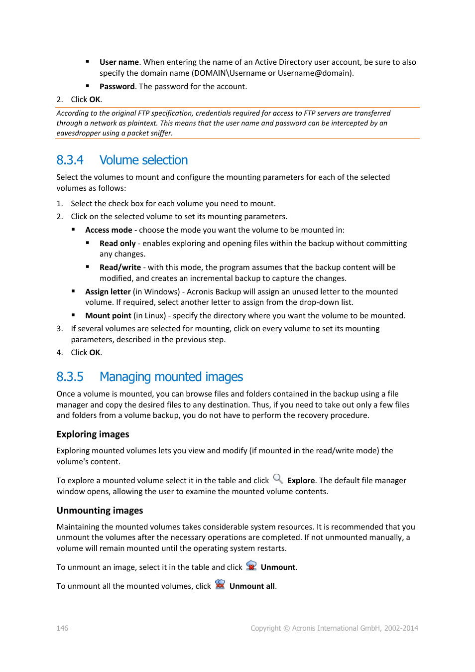 4 volume selection, 5 managing mounted images, Volume selection | Managing mounted images | Acronis Backup for Linux Server - User Guide User Manual | Page 146 / 210