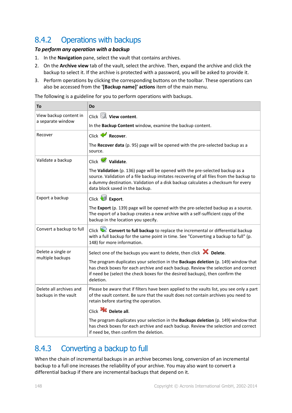 2 operations with backups, 3 converting a backup to full, Operations with backups | Converting a backup to full | Acronis Backup for Linux Server - User Guide User Manual | Page 148 / 210
