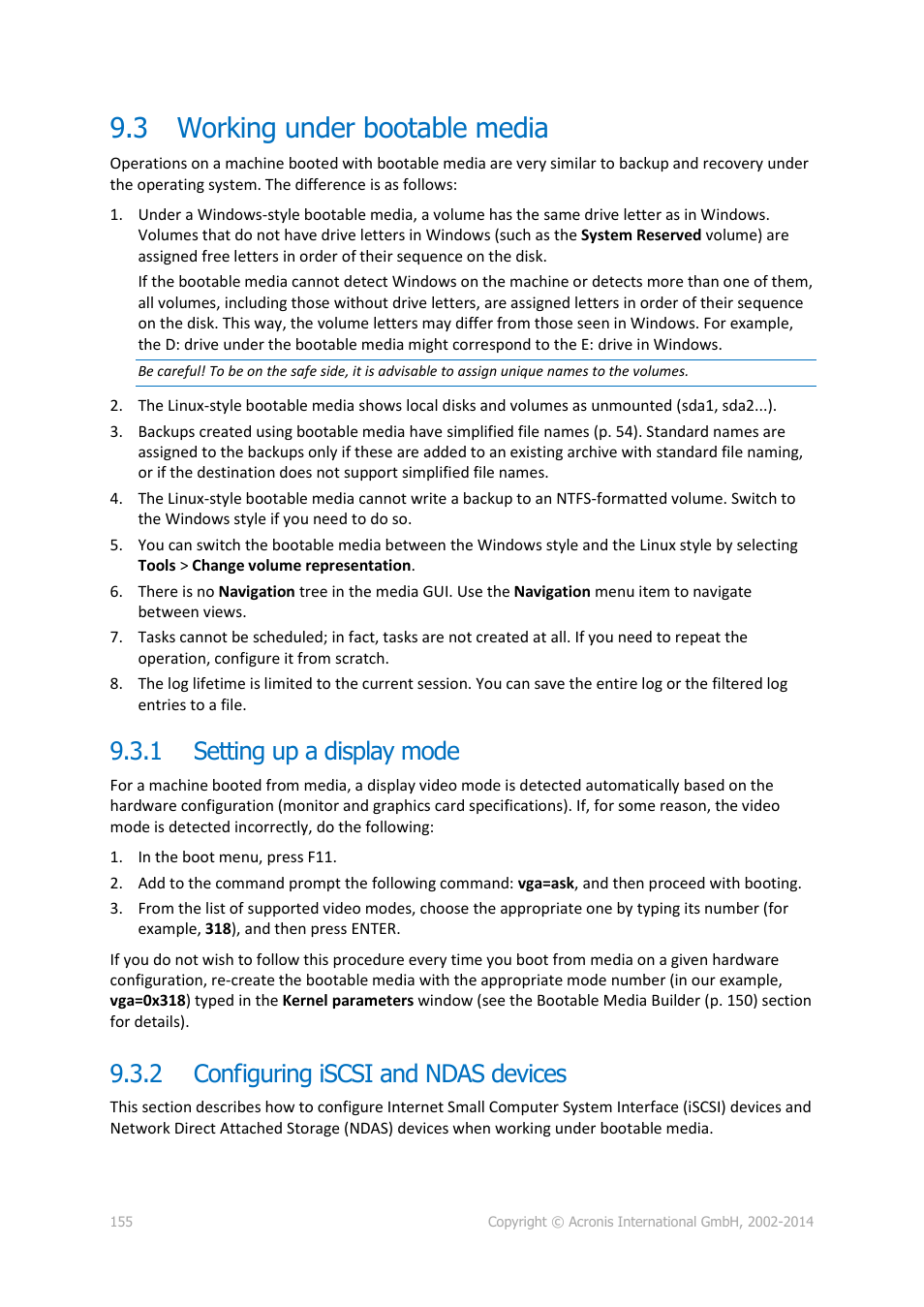 3 working under bootable media, 1 setting up a display mode, 2 configuring iscsi and ndas devices | Working under bootable media, Setting up a display mode, Configuring iscsi and ndas devices | Acronis Backup for Linux Server - User Guide User Manual | Page 155 / 210