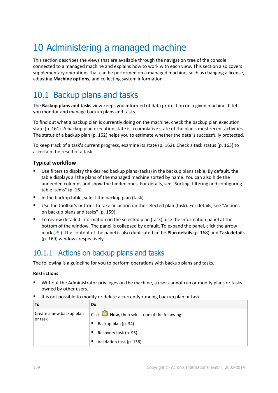 10 administering a managed machine, 1 backup plans and tasks, 1 actions on backup plans and tasks | Administering a managed machine, Backup plans and tasks, P. 159) | Acronis Backup for Linux Server - User Guide User Manual | Page 159 / 210