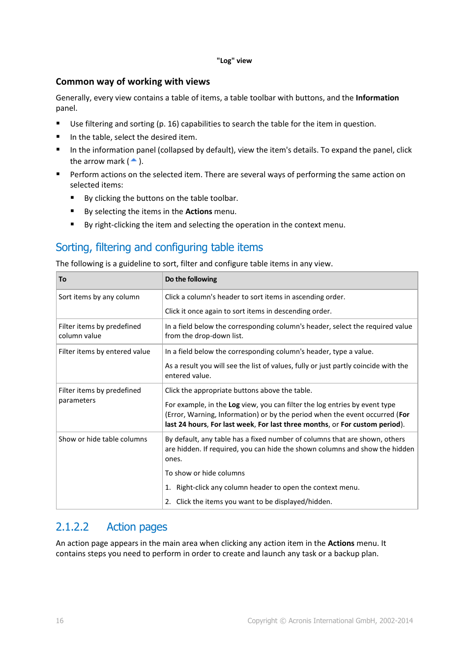 Sorting, filtering and configuring table items, 2 action pages | Acronis Backup for Linux Server - User Guide User Manual | Page 16 / 210